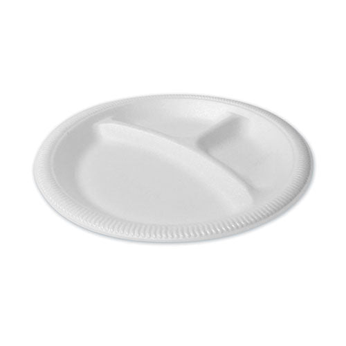 Image of Plastifar Foam Dinnerware, 3-Compartment Plate, 9" dia, White, 125/Sleeve, 4 Sleeves/Pack
