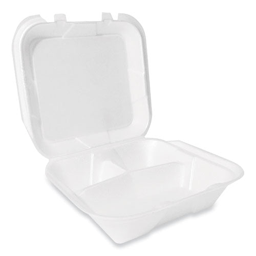 Image of Plastifar Foam Hinged Lid Container, Secure Two Tab Latch, Poly Bag, 3 Compartments, 9 x 9 x 3, White, 100/Bag, 2 Bags/Carton