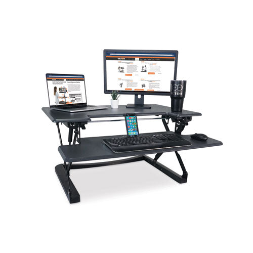 Image of Victor® High Rise Height Adjustable Standing Desk With Keyboard Tray, 36" X 31.25" X 5.25" To 20", Gray/black