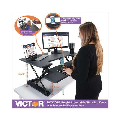 Image of Victor® High Rise Height Adjustable Standing Desk With Keyboard Tray, 36" X 31.25" X 5.25" To 20", Gray/black