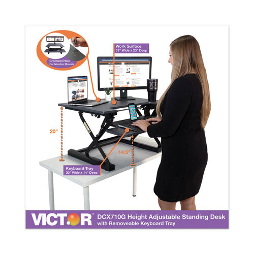 Image of Victor® High Rise Height Adjustable Standing Desk With Keyboard Tray, 31" X 31.25" X 5.25" To 20", Gray/black