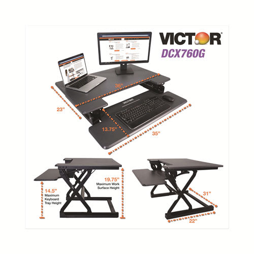 Image of Victor® High Rise Height Adjustable Standing Desk With Keyboard Tray, 36" X 31.25" X 5.25" To 20", Gray/black