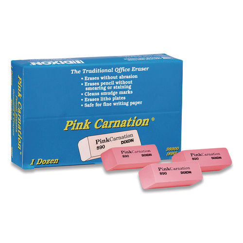Image of Dixon® Pink Carnation Erasers, For Pencil Marks, Rectangular Block, Medium, Pink, Dozen