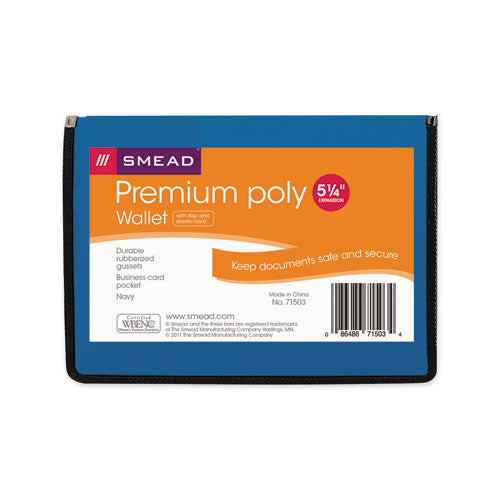 Image of Smead Poly Premium Wallets, 5.25" Expansion, 1 Section, Elastic Cord Closure, Letter Size, Navy Blue