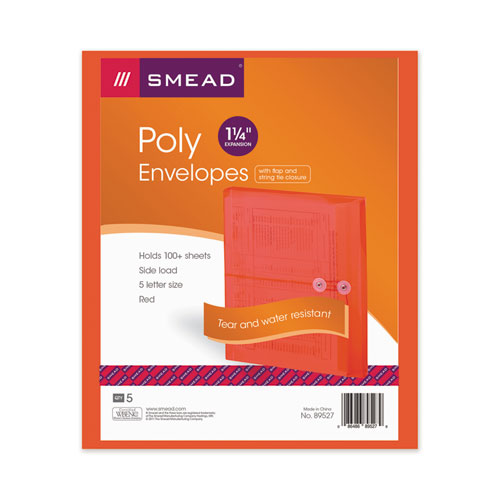 Image of Smead Poly String and Button Interoffice Envelopes, Open-Side (Horizontal), 9.75 x 11.63, Transparent Red, 5/Pack