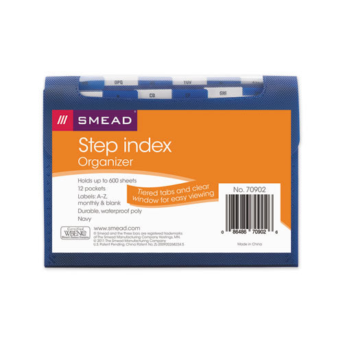 Image of Smead Step Index Organizer, 12 Sections, Cord/Hook Closure, 1/6-Cut Tabs, Letter Size, Navy