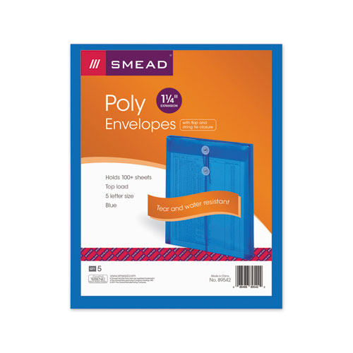 Image of Smead Poly String and Button Interoffice Envelopes, Open-End (Vertical), 9.75 x 11.63, Transparent Blue, 5/Pack
