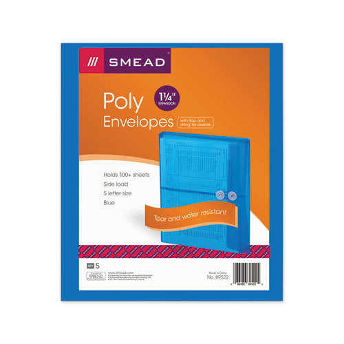 Image of Smead Poly String and Button Interoffice Envelopes, Open-Side (Horizontal), 9.75 x 11.63, Transparent Blue, 5/Pack