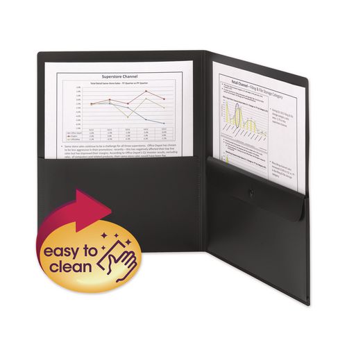 Image of Smead Poly Two-Pocket Folder With Snap Closure Security Pocket, 100-Sheet Capacity, 11 X 8.5, Black, 5/pack