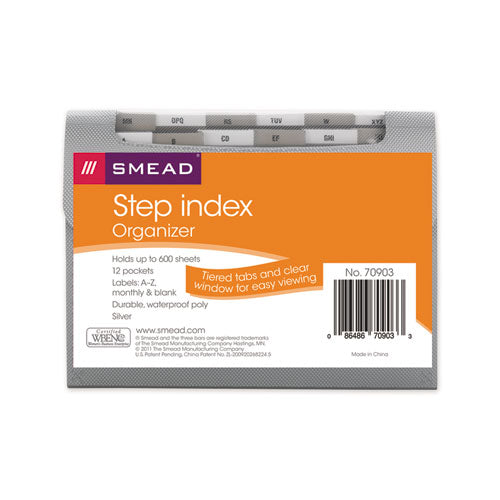 Image of Smead Step Index Organizer, 12 Sections, Cord/Hook Closure, 1/6-Cut Tabs, Letter Size, Silver