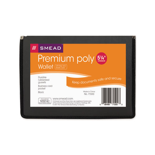 Image of Smead Poly Premium Wallets, 5.25" Expansion, 1 Section, Elastic Cord Closure, Letter Size, Black