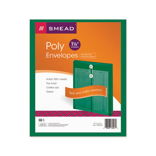 Image of Smead Poly String and Button Interoffice Envelopes, Open-End (Vertical), 9.75 x 11.63, Transparent Green, 5/Pack