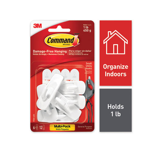 Image of Command General Purpose Hooks, Small, Plastic, White, 1 lb Capacity, 6 Hooks and 12 Strips/Pack