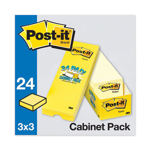 Image of Post-it® Notes Original Pads in Canary Yellow, Cabinet Pack, 3" x 3", 90 Sheets/Pad, 24 Pads/Pack