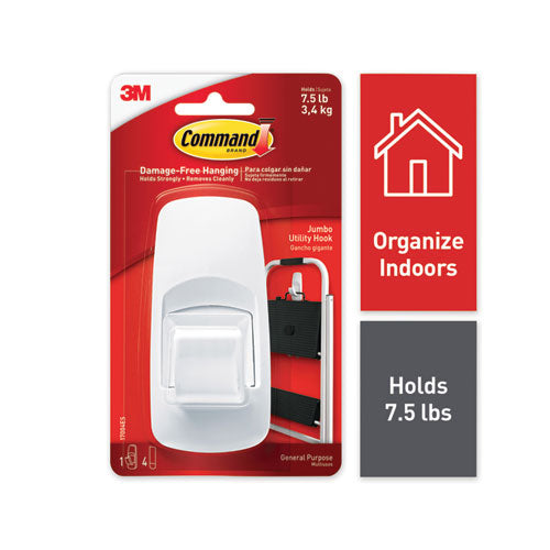 Image of Command General Purpose Hooks, Jumbo, Plastic, White, 7.5 lb Capacity, White, 1 Hook and 4 Strips
