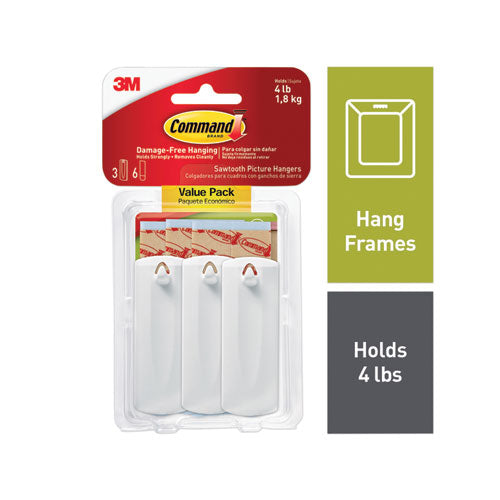 Image of Command Sawtooth Picture Hanger Value Pack, Large, Plastic, White, 5 Lb Capacity, 3 Hooks And 6 Strips/pack