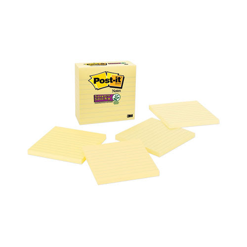 Image of Post-it® Notes Super Sticky Pads in Canary Yellow, Note Ruled, 4" x 4", 90 Sheets/Pad, 4 Pads/Pack