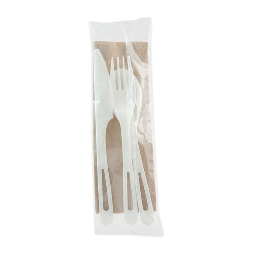 Image of World Centric® TPLA Compostable Cutlery Kit, Fork/Knife/Napkin/Spoon, Plastic, White, 250/Carton