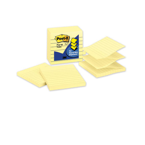 Image of Post-it® Pop-up Notes Original Canary Yellow Pop-up Refill, Note Ruled, 3" x 3", Canary Yellow, 100 Sheets/Pad, 6 Pads/Pack