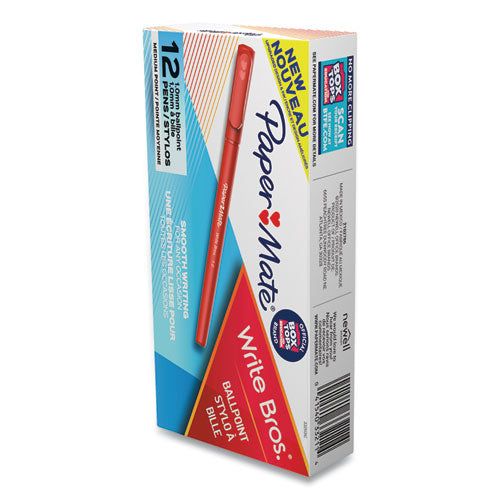 Image of Paper Mate® Write Bros. Ballpoint Pen, Stick, Medium 1 Mm, Red Ink, Red Barrel, Dozen