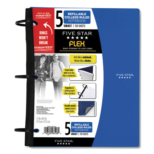 Image of Five Star® FLEX Notebook, 5-Subject, Medium/College Rule, Randomly Assorted Cover Color, (150) 11 x 8.5 Sheets