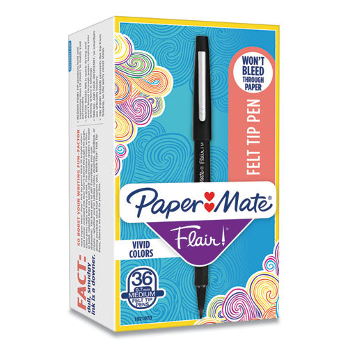 Image of Paper Mate® Point Guard Flair Felt Tip Porous Point Pen, Stick, Medium 0.7 mm, Black Ink, Black Barrel, 36/Box