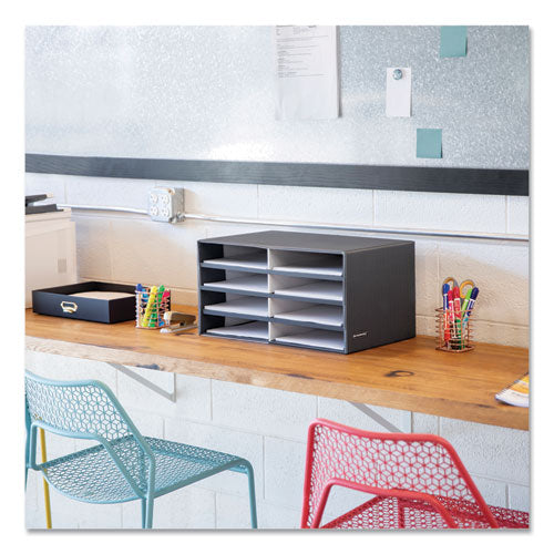 Image of Bankers Box® Decorative Sorter, 8 Letter Compartments, 19.5 x 12.38 x 10.25, Black/Gray Pinstripe
