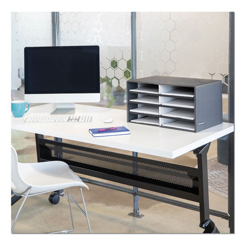 Image of Bankers Box® Decorative Sorter, 8 Letter Compartments, 19.5 x 12.38 x 10.25, Black/Gray Pinstripe