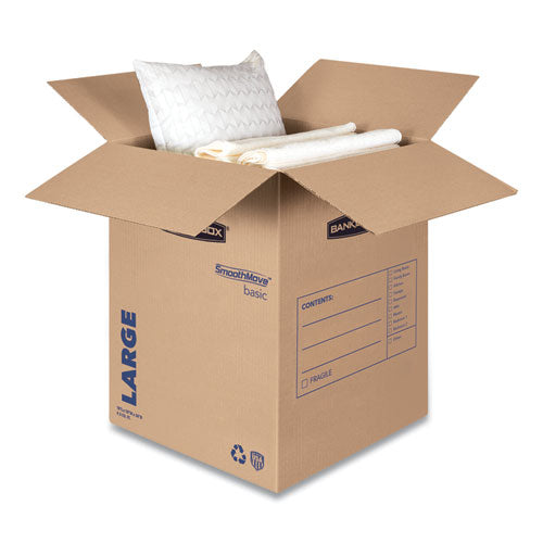 Image of Bankers Box® SmoothMove Basic Moving Boxes, Regular Slotted Container (RSC), Large, 18" x 18" x 24", Brown/Blue, 15/Carton