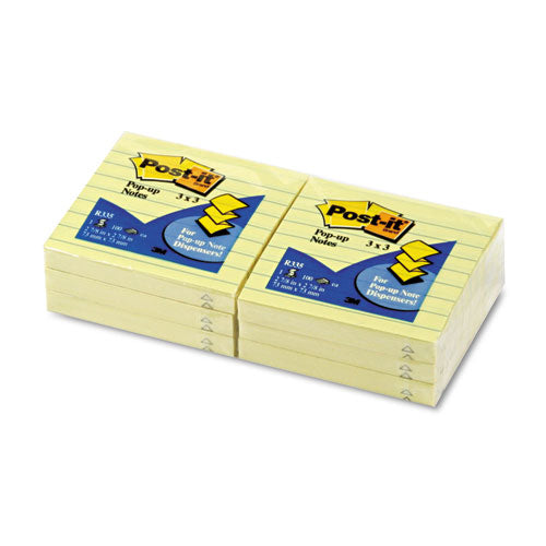 Image of Post-it® Pop-up Notes Original Canary Yellow Pop-up Refill, Note Ruled, 3" x 3", Canary Yellow, 100 Sheets/Pad, 6 Pads/Pack