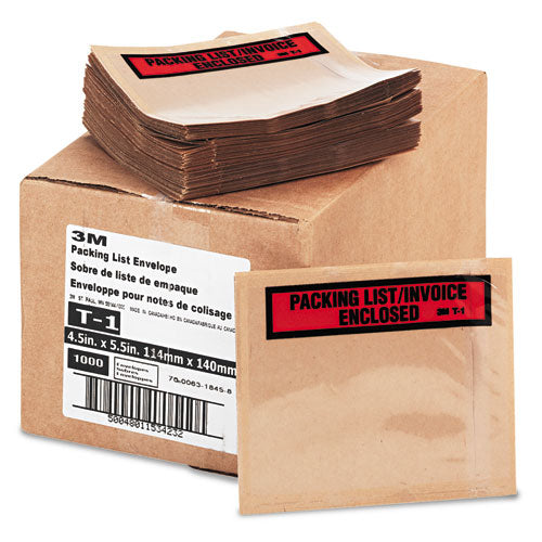 Image of 3M Top Print Self-Adhesive Packing List Envelope, Top-Print Front: Packing List/Invoice Enclosed, 4.5 x 5.5, Clear, 1,000/Box