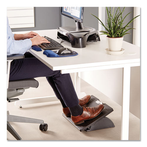 Image of Fellowes® Adjustable Locking Footrest with Microban, 17.5w x 13.13d x 4.13 to 5.63h, Black/Silver
