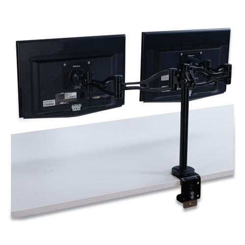Image of Fellowes® Professional Series Depth Adjustable Dual Monitor Arm, 360 Deg Rotation, 37 Deg Tilt, 360 Deg Pan, Black, Supports 24 Lb