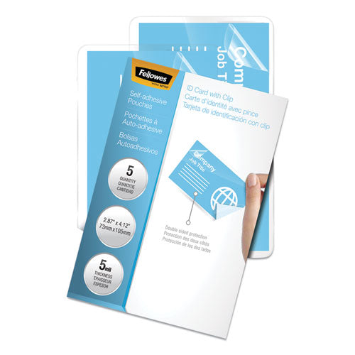 Image of Fellowes® Self-Adhesive Laminating Pouches, 5 Mil, 3.88" X 2.38", Gloss Clear, 5/pack
