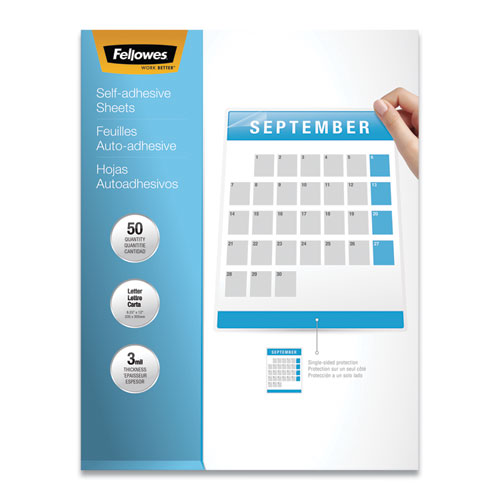 Image of Fellowes® Self-Adhesive Laminating Sheets, 3 Mil, 9.25" X 12", Gloss Clear, 50/box