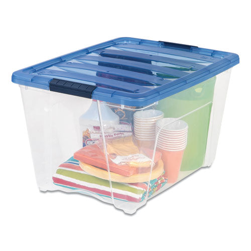Image of IRIS Stack and Pull Latching Flat Lid Storage Box, 13.5 gal, 22" x 16.5" x 13.03", Clear/Translucent Blue