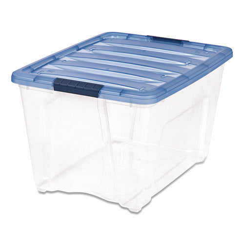 Image of IRIS Stack and Pull Latching Flat Lid Storage Box, 13.5 gal, 22" x 16.5" x 13.03", Clear/Translucent Blue