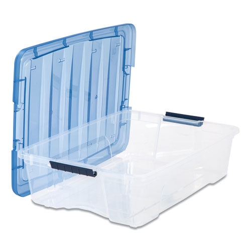 Image of IRIS Stack And Pull Latching Flat Lid Storage Box, 6.73 Gal, 16.5" X 22" X 6.5", Clear/translucent Blue