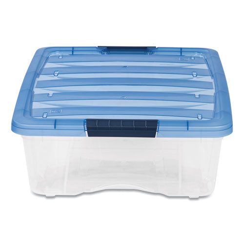 Image of IRIS Stack And Pull Latching Flat Lid Storage Box, 6.73 Gal, 16.5" X 22" X 6.5", Clear/translucent Blue