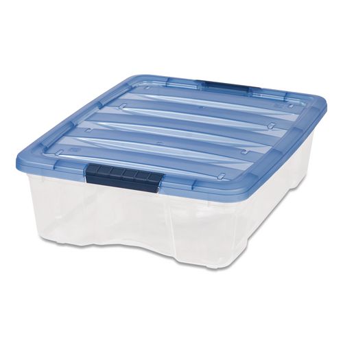 Image of IRIS Stack And Pull Latching Flat Lid Storage Box, 6.73 Gal, 16.5" X 22" X 6.5", Clear/translucent Blue