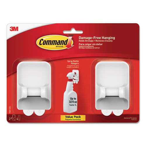 Image of Command Spray Bottle Holder, 2.34w x 1.69d x 3.34h, White, 2 Hangers/4 Strips/Pack