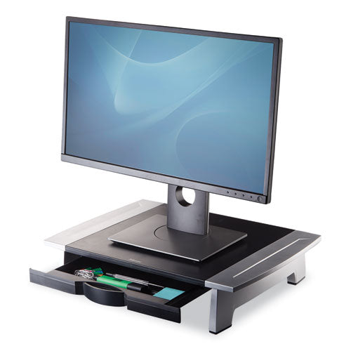 Image of Fellowes® Office Suites Standard Monitor Riser, For 21" Monitors, 19.78" X 14.06" X 4" To 6.5", Black/silver, Supports 80 Lbs