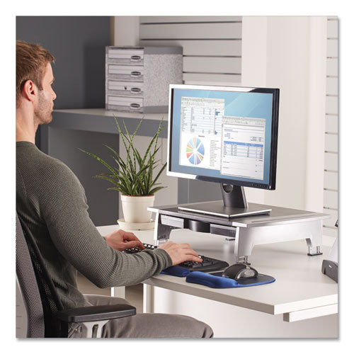 Image of Fellowes® Office Suites Standard Monitor Riser, For 21" Monitors, 19.78" X 14.06" X 4" To 6.5", Black/silver, Supports 80 Lbs
