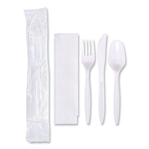 Image of Hoffmaster® Economy Cutlery Kit, Fork/Knife/Napkin/Spoon, Plastic, White, 250/Carton