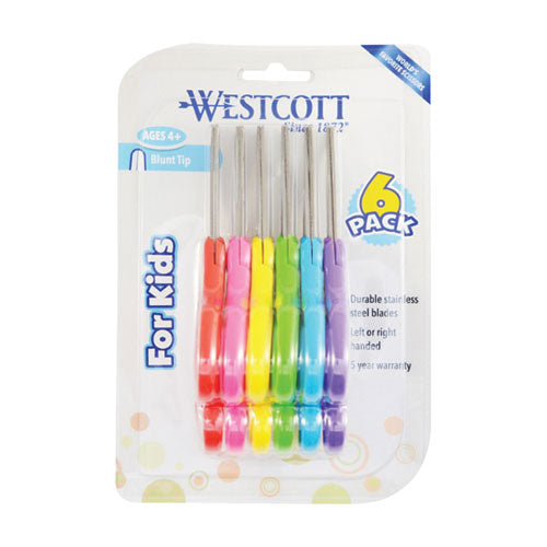 Image of Westcott® For Kids Scissors, Rounded Tip, 5" Long, 1.75" Cut Length, Straight Assorted Color Handles, 6/Pack