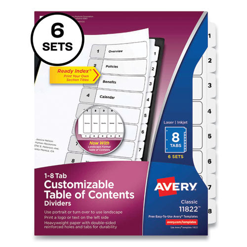 Image of Avery® Customizable Table of Contents Ready Index Black and White Dividers, 8-Tab, 1 to 8, 11 x 8.5, White, 6 Sets