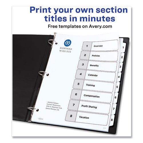 Image of Avery® Customizable Table of Contents Ready Index Black and White Dividers, 8-Tab, 1 to 8, 11 x 8.5, White, 6 Sets