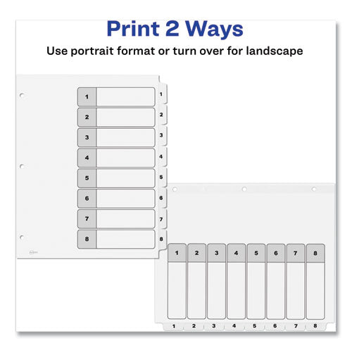 Image of Avery® Customizable Table of Contents Ready Index Black and White Dividers, 8-Tab, 1 to 8, 11 x 8.5, White, 6 Sets