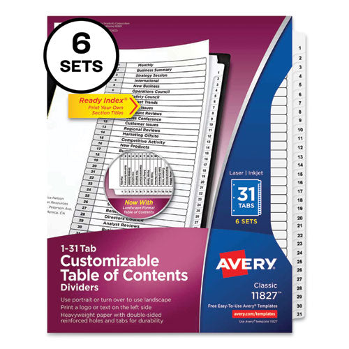 Image of Avery® Customizable Table of Contents Ready Index Black and White Dividers, 31-Tab, 1 to 31, 11 x 8.5, White, 6 Sets