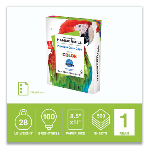 Image of Hammermill® Premium Color Copy Print Paper, 100 Bright, 3-Hole, 28 lb Bond Weight, 8.5 x 11, Photo White, 500 Sheets/Ream, 8 Reams/Carton